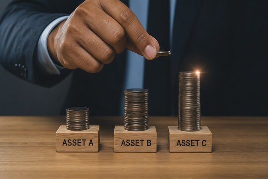 Businessman stacking coins on wooden blocks labeled asset a, b, and c for investment growth