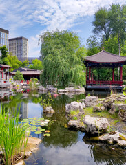 Fototapeta premium Traditional Chinese garden with red pagoda pavilion, pond with lily pads, weeping willow trees and rocks. Modern buildings in background. Asian architecture, cultural heritage, landscape design.