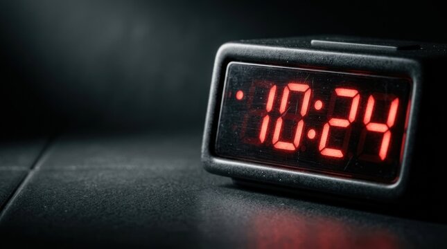 Digital alarm clock for red numbers on dark surface, for urgent passage time, precise scheduling, concept deadline in modern professional environment
