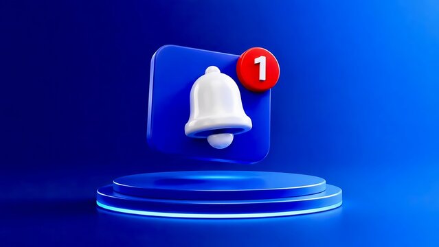 3D Application Push Notification Alert Concept Floating Bell Icon With Red Badge On Blue Podium