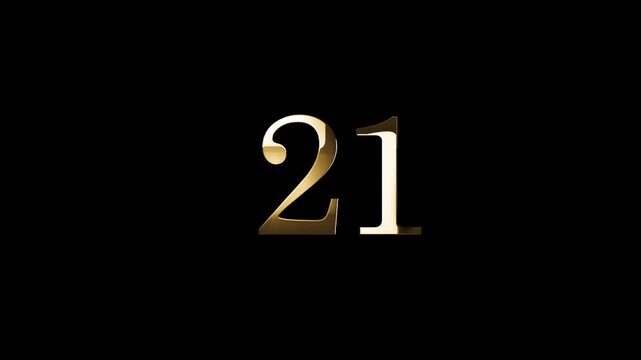 Number 21 in gold style with gold particles and transparent background, twenty one