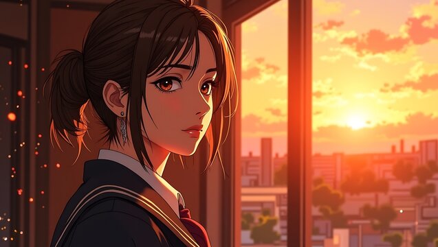 Anime Style Portrait of a Beautiful Young Schoolgirl Looking Over Her Shoulder Against a Stunning Warm Golden Hour City Sunset Background
