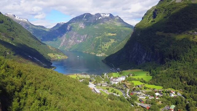 Geiranger at Geirangerfjord aerial view, Norway