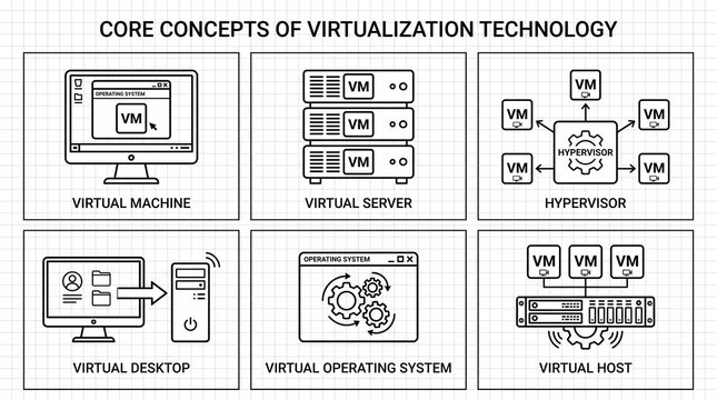 Infographic illustrating core virtualization concepts, including virtual machines, servers, hypervisors, desktops, operating systems, and hosts in minimalist style.