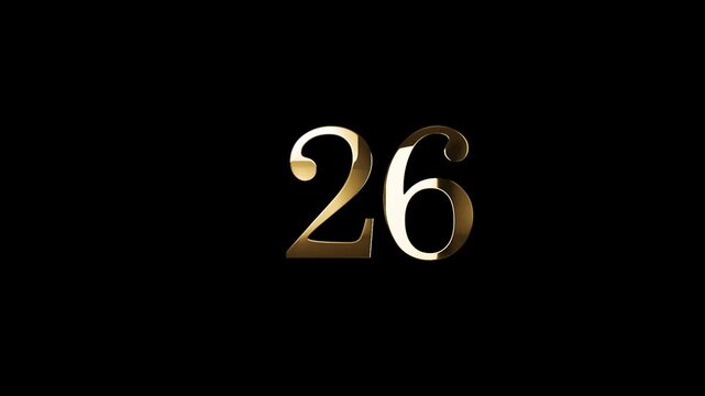 Number 26 in gold style with gold particles and transparent background, twenty six