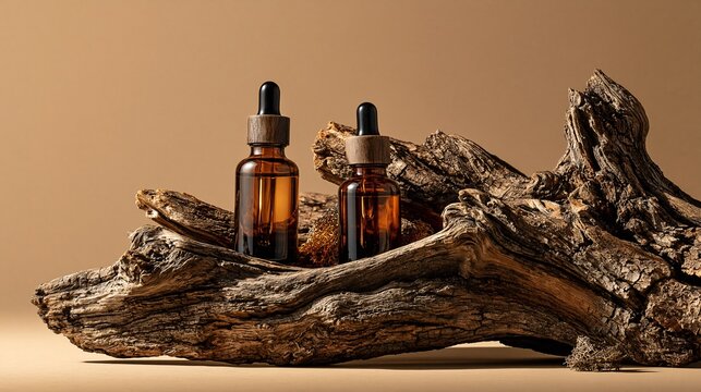 Two amber glass dropper bottles sit on rugged driftwood against warm beige background
