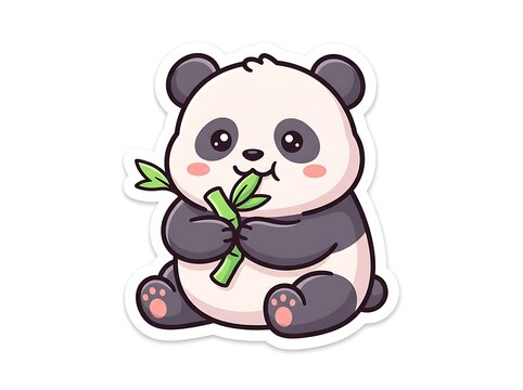 Cute Panda Eating Bamboo: A charming, cartoon-style panda sits and munches on a stalk of fresh green bamboo, depicted in a whimsical and adorable manner.