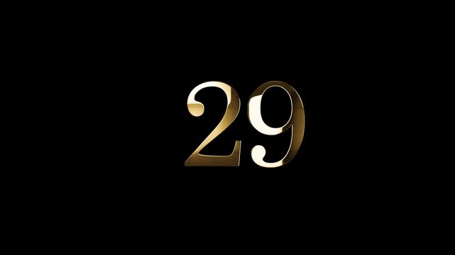 Number 29 in gold style with gold particles and transparent background, twenty nine