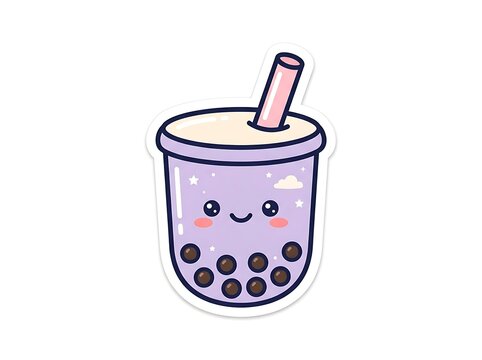 Cute Bubble Tea Illustration: A charming purple bubble tea, adorned with a smiling face, stars, and clouds, sits in a transparent cup with a pink straw and tapioca pearls at the bottom.