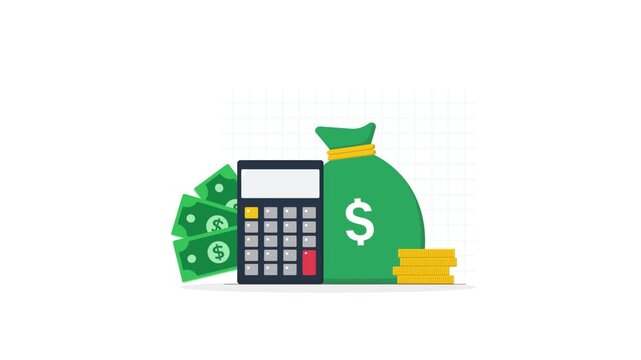 Animated Calculator with Money Bag and Cash Stacks
