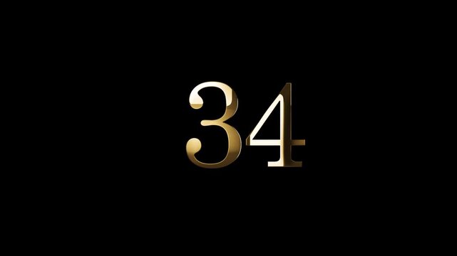 Number 34 in gold style with gold particles and transparent background, thirty four