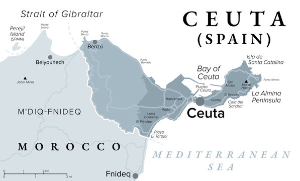 Ceuta, exclave of Spain, gray political map. Autonomous city on North African coast along the Mediterranean Sea, bordered by Morocco. Special territory of members of the European Economic Area. Vector