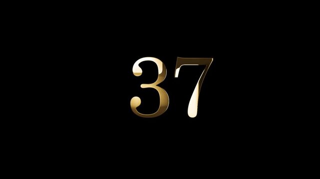Number 37 in gold style with gold particles and transparent background, thirty seven