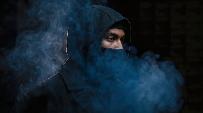 Person wearing black hoodie and mask standing in thick blue smoke in dark setting representing mystery suspense anonymous hacker or urban street style concept art.