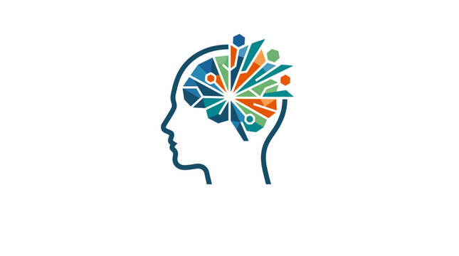 Dynamic abstract illustration of a human head in profile, featuring a vibrant, exploding geometric brain design, symbolizing creativity, digital intelligence, and innovative thinking