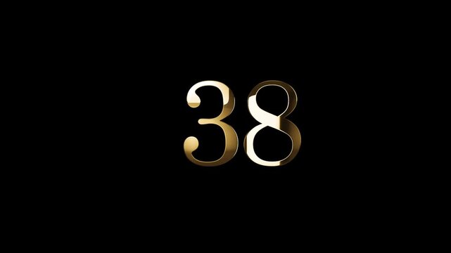 Number 38 in gold style with gold particles and transparent background, thirty eight