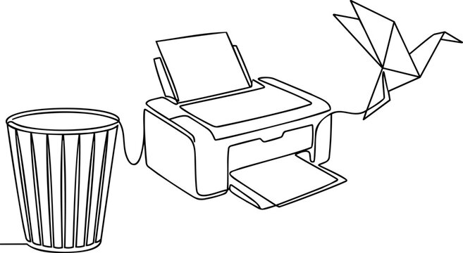Continuous one line drawing of generic office printer with trash bin and origami paper crane for creative process and recycling idea concept vector