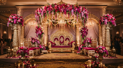 Fototapeta premium Luxurious indian wedding stage decoration featuring a golden sofa with vibrant pink floral arrangements and elegant chandelier lighting setup