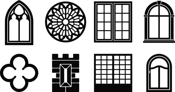 Architectural window silhouettes on a white background showcasing gothic and modern designs element frame silhouette rose arched quatrefoil castle grid design black