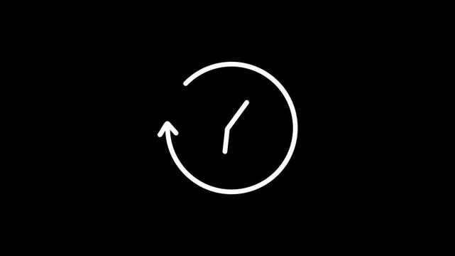 a counter-clockwise circular arrow surrounding clock hands, symbolizing history, back in time, undo, reload, and time backup. 2D animation with 4K resolution and alpha channel.
