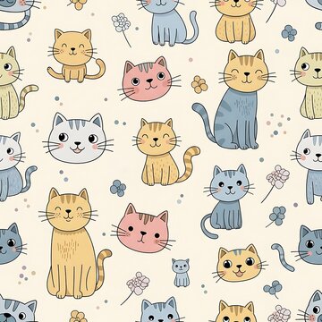 Seamless pattern with cute colorful cartoon cats and flowers