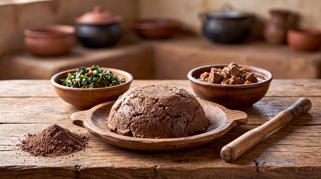 Traditional Kenyan dark brown millet ugali served with savory stew and fresh greens on rustic wood.