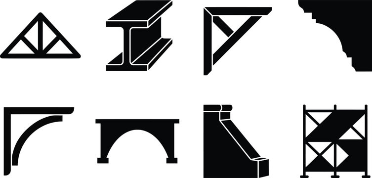 Construction support silhouettes depicting various structural steel shapes on a white background architecture architectural beam beams building buildings civil engineering column columns