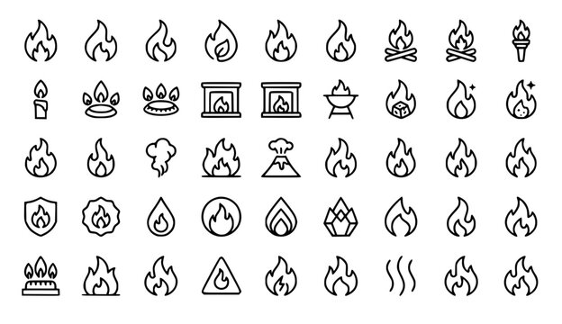 Modern Fire Flame Symbol Icon Collection Editable Stroke Vector Set