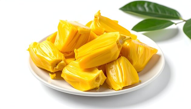Sweet tropical ripe yellow jackfruit bulbs arranged on a clean white porcelain plate on white background