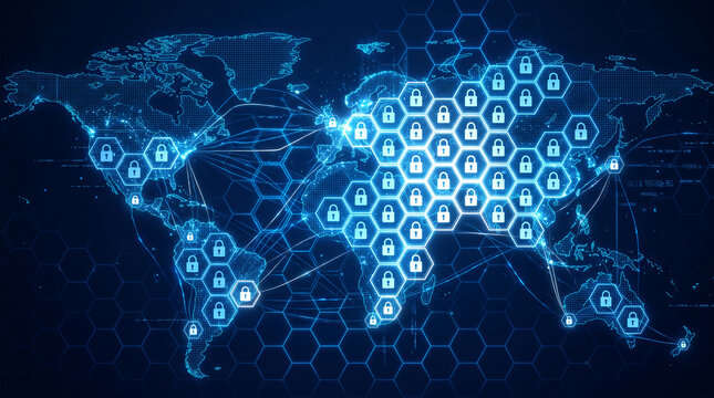 Global map with digital locks and connections, symbolizing cyber security, data protection, and network connectivity for a secure world