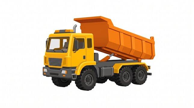A vibrant yellow and orange toy dump truck is depicted from a three-quarter front perspective on a white background, showcasing its detailed design and construction vehicle features