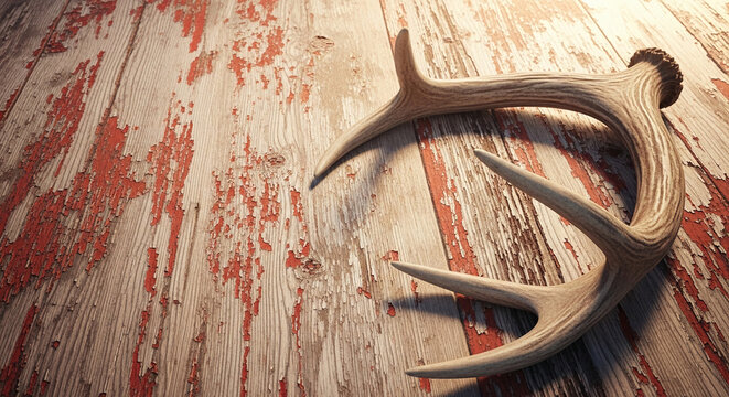 A deer antler rests on weathered wood with peeling red paint, evoking rustic charm and natural history, ideal for outdoors or vintage themes