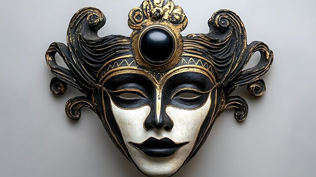 Elegant black and gold venetian carnival mask with ornate detailing on a neutral background wall