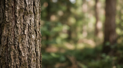 Fototapeta premium Tree trunk bark texture in a forest with blurred background, showing natural details and environmental growth