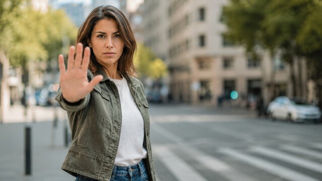 Woman in casual attire making a stop gesture with her hand on a city street, urban buildings and trees visible in the background