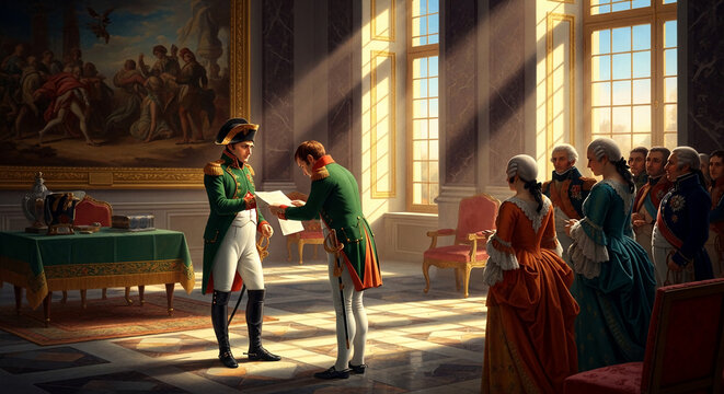 Formal gathering in a sunlit opulent hall with people in historical attire, symbolizing a significant historical event or meeting.
