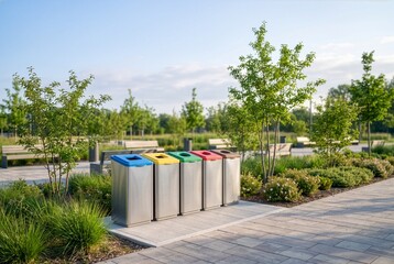 Fototapeta premium Modern Circular Recycling Facility with Color Coded Collection Bins Supporting Sustainable Waste Management