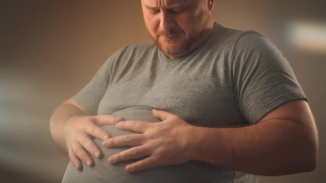 Concerned man in gray t shirt gently holding large belly showing health awareness and emotional care