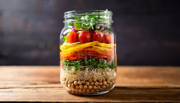 a healthy layered salad in a clear glass mason jar resting on a wooden surface the colorful layers include grains roasted chickpeas cherry tomatoes and fresh microgreens