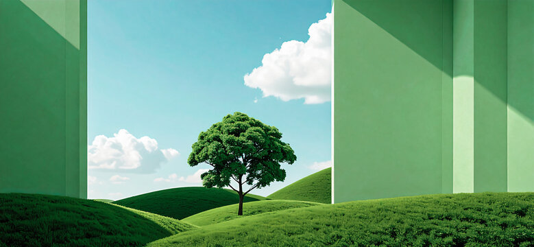 Paysage avec arbre sur collines verte, nuage dans ciel bleu et murs verts