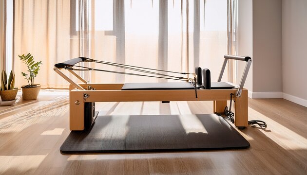 a pilates reformer machine sits on a mat in a bright room with natural light coming through curtains