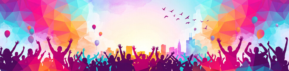 Fototapeta premium Colorful crowd of cheering people celebrating festival party on bright polygonal background with city skyline