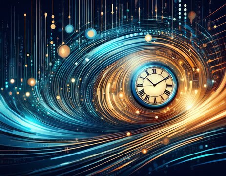 innovative tech banner design featuring binary streams blending into the background and analog clock illusion