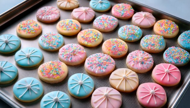 colorful frosted sugar cookies in pastel shapes with sprinkles arranged on a baking sheet
