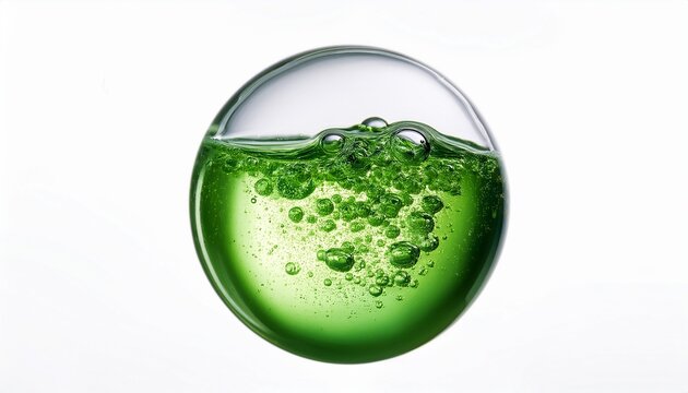 aloe vera sphere drop gel texture on the surface green liquid gel moisturizer with bubbles inside the liquid on a white background