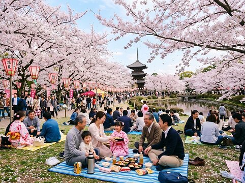 Multi-Generational Japanese Family Enjoying a Traditional Springtime Cherry Blossom Picnic Under Blooming Sakura Trees at a Historic Temple Park