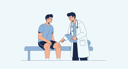 Fototapeta premium Doctor examines patient's knee injury, medical consultation, healthcare concept