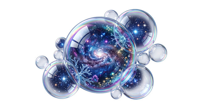 Cosmic galaxy bubbles on white background, ethereal space nebula trapped in glass spheres, abstract celestial universe orbs with glowing stars
