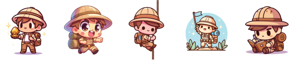 Naklejka premium Chibi explorer character set. Cute adventurer boy in jungle gear with backpack and map.