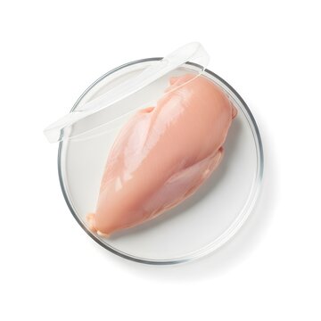 Cultured chicken breast in a petri dish. Lab grown meat sample for food technology research.
